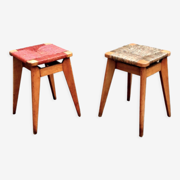 Modernist stools in wood & tinted straw, 1950s