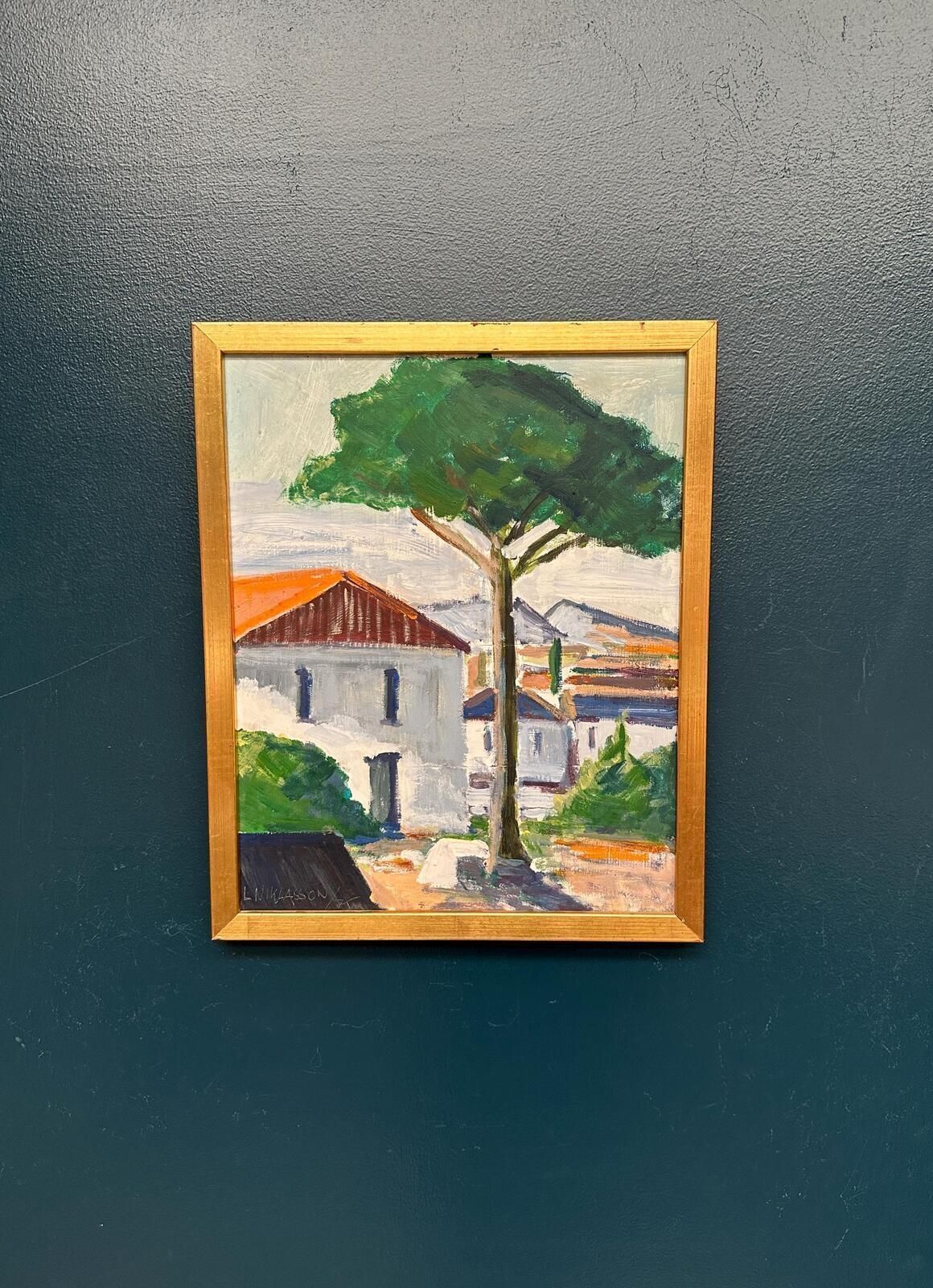 Swedish Oil on Panel – “Tree by the House” by L. Niklasson – Dated 1975 – V