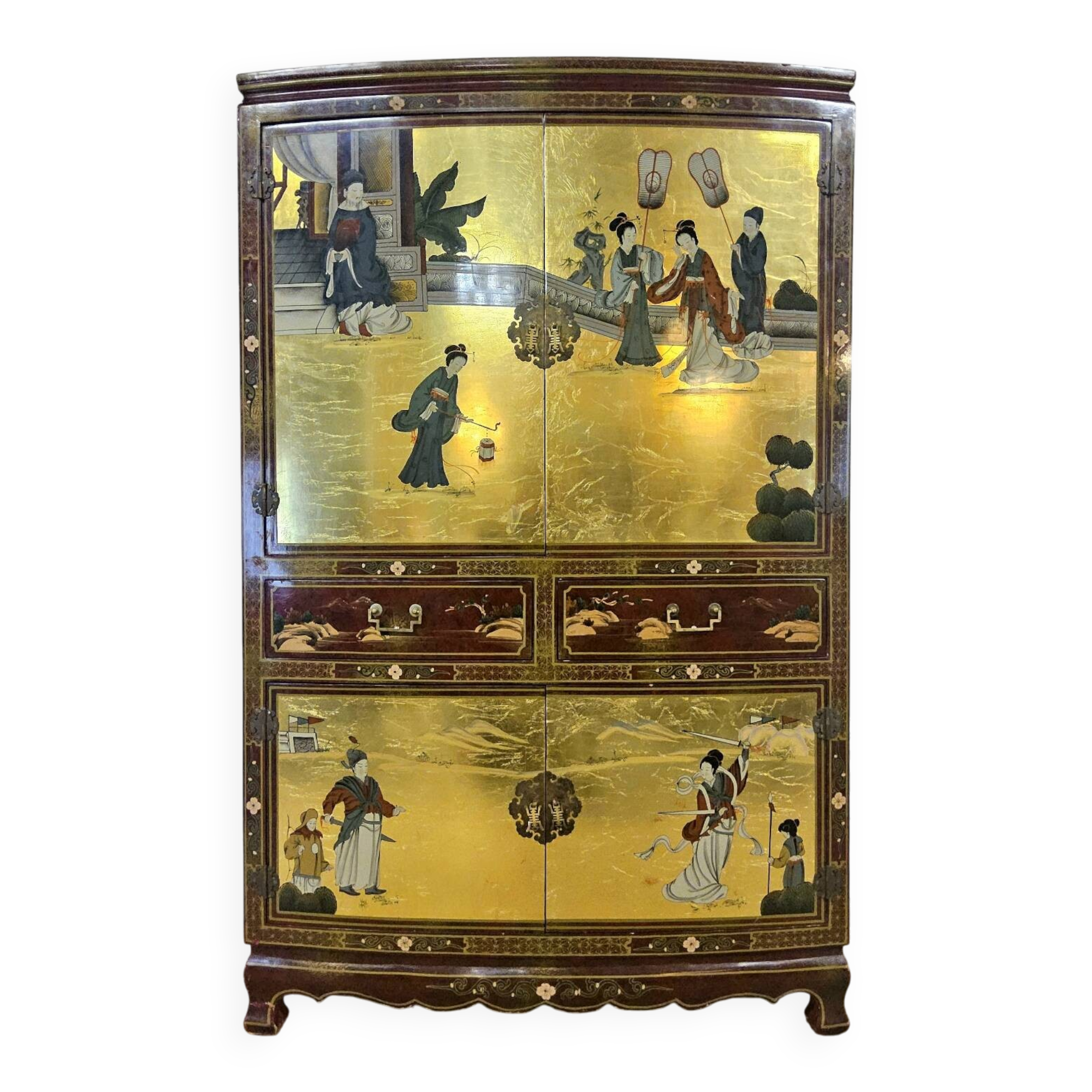 Cabinet chinois / oriental vintage avec feuille d'or / scène traditionnelle