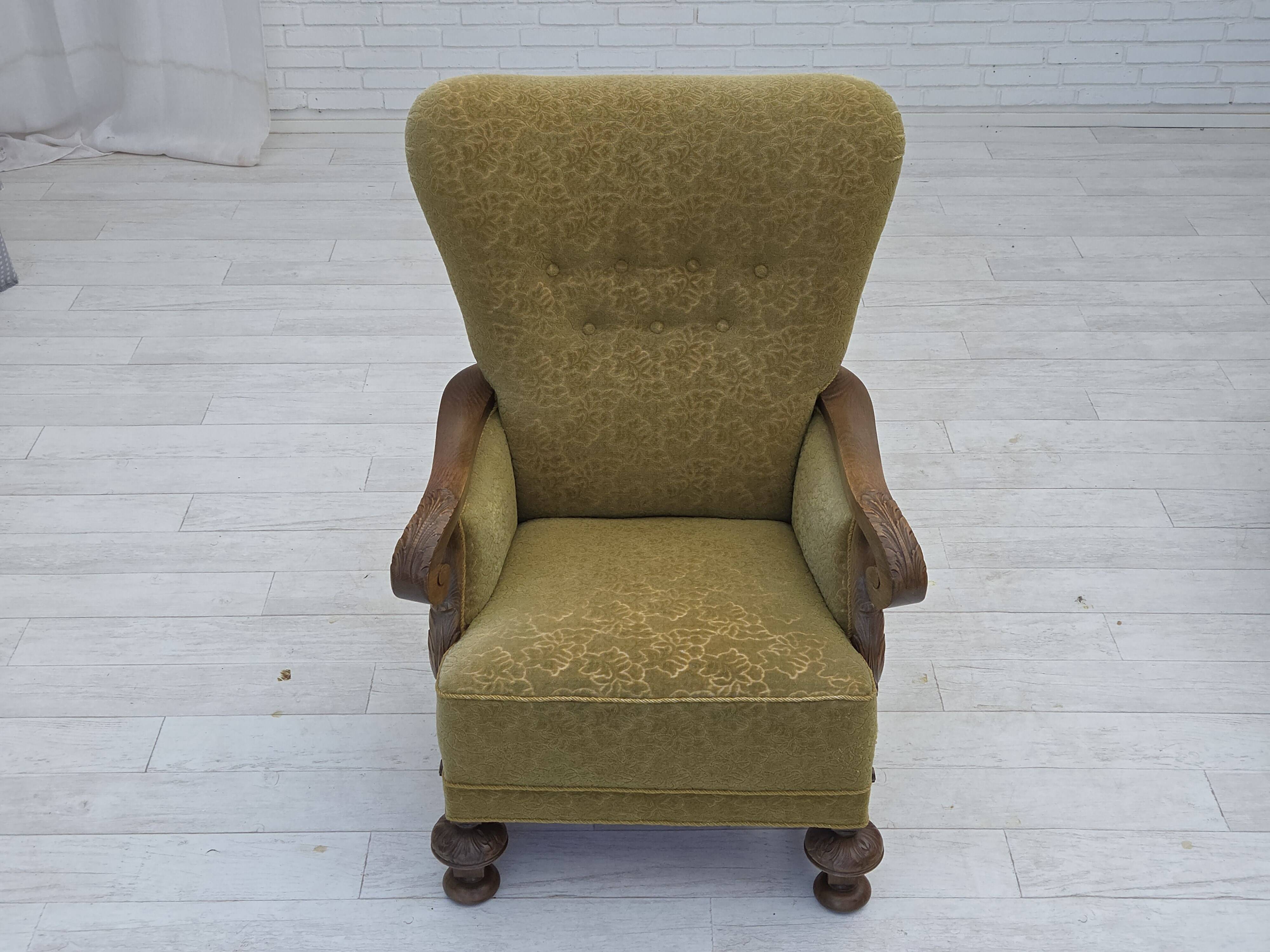 1960s, Danish highback armchair, furniture cotton/wool fabric, oak wood.