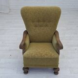 1960s, Danish highback armchair, furniture cotton/wool fabric, oak wood.