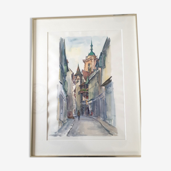 Aquarelle sur papier "Vue du clocher, Aveyron?" Signée en bas à droite, André Duculty (1912-1990)