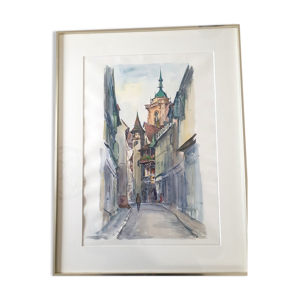 Aquarelle sur papier Vue du clocher,