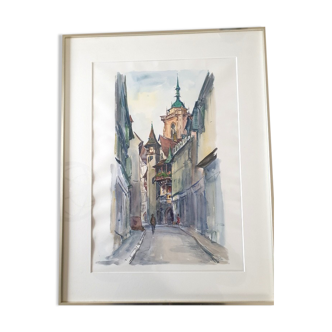 André Duculty (1912-1990) Watercolor on paper "View of the bell tower, Aveyron?" Signed lower right