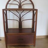 Vintage–Beautiful Bibus-Floor Shelf–Bookcase–Rattan Bamboo and Wood–1 Drawer and 2 Tiers