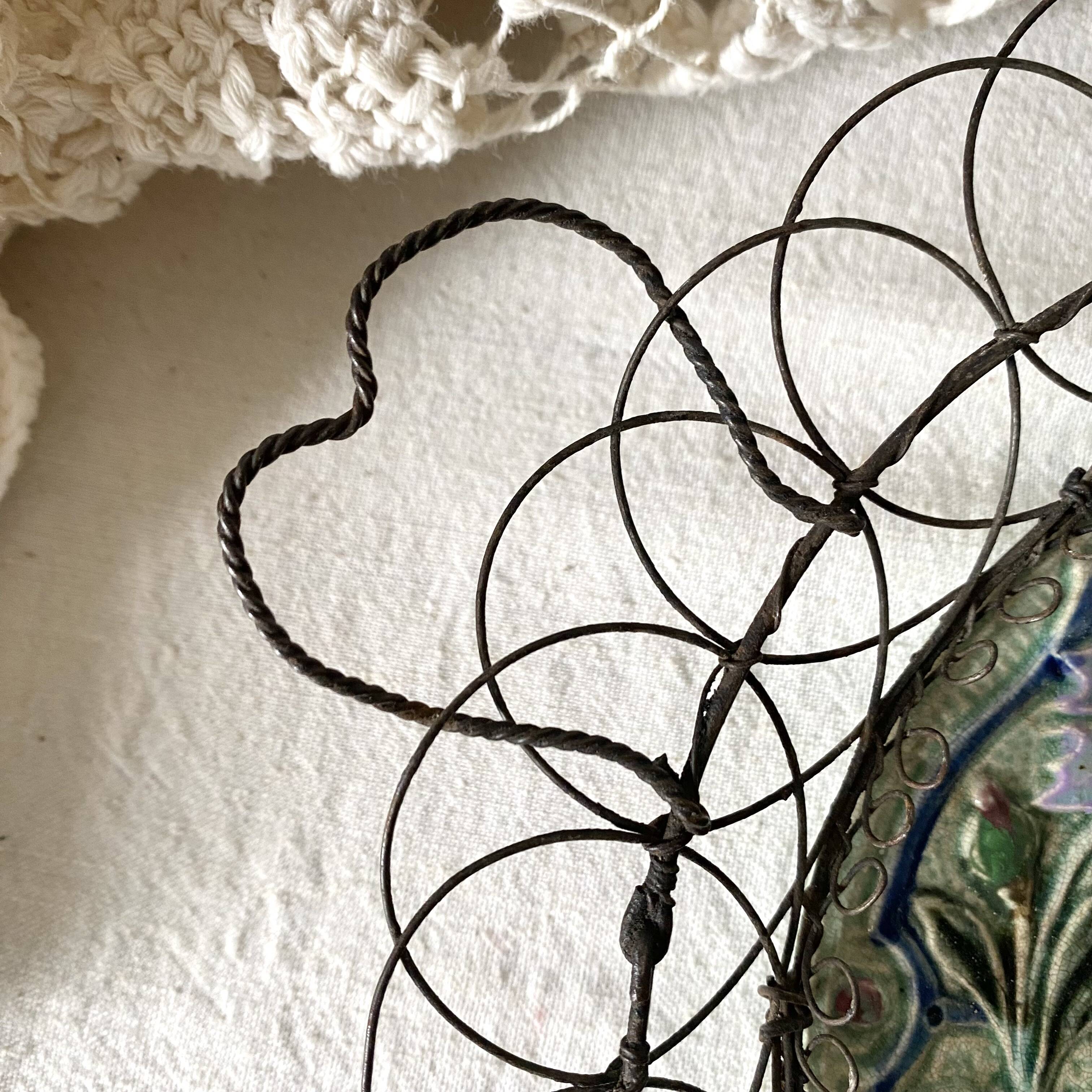 Antique barbotine and wire dish, 19th century
