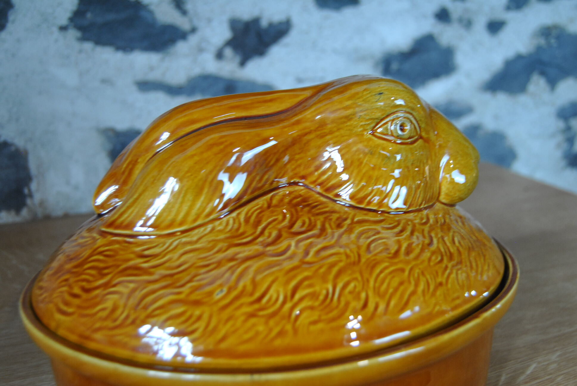 Vintage yellow enamelled rabbit terrine