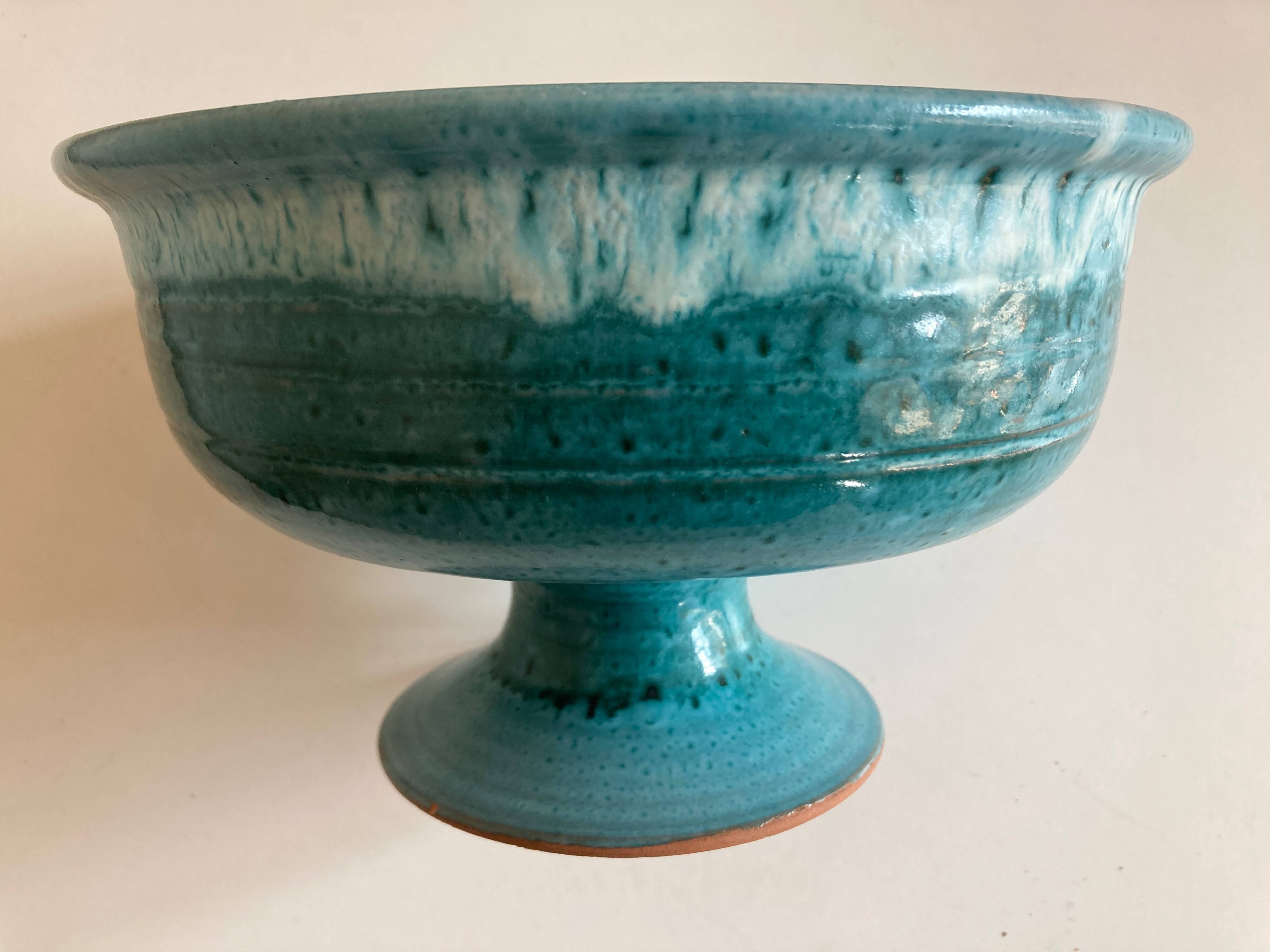 Ceramic turquoise centerpiece on foot Vallauris terracotta mid century