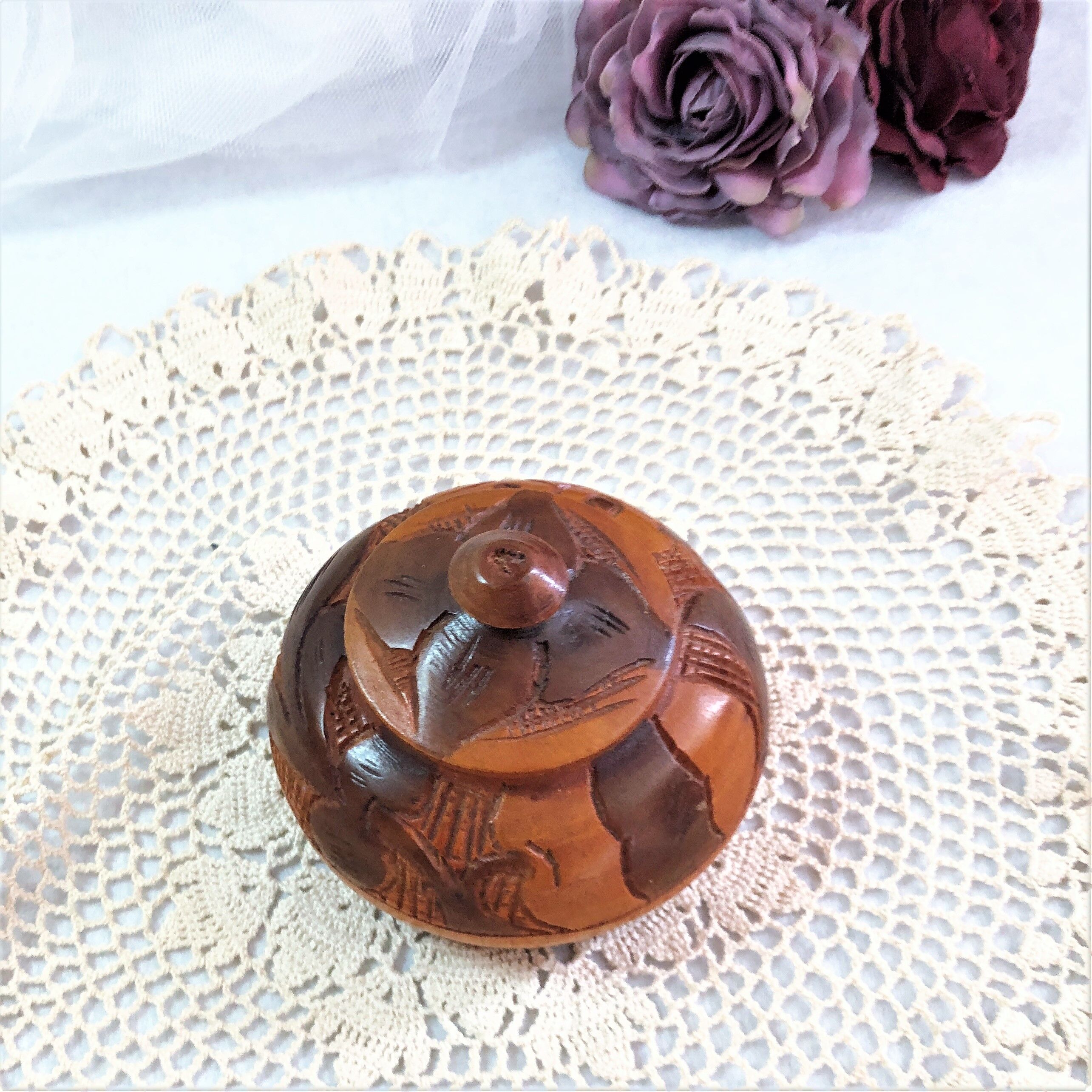 Handmade wooden box brown copper polychrome vintage