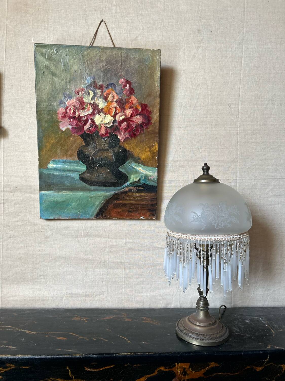 Old table still life with flowers oil painting