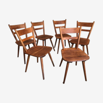 Set of 6 vintage solid wood chairs with compass legs 1960's