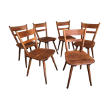 Set of 6 vintage solid wood chairs with compass legs 1960's