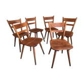 Set of 6 vintage solid wood chairs with compass legs 1960's