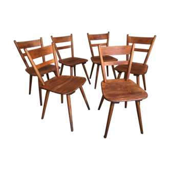 Set of 6 vintage solid wood chairs with compass legs 1960's