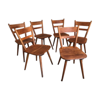 Lot de 6 chaises vintage en bois massif pieds compas 1960’s