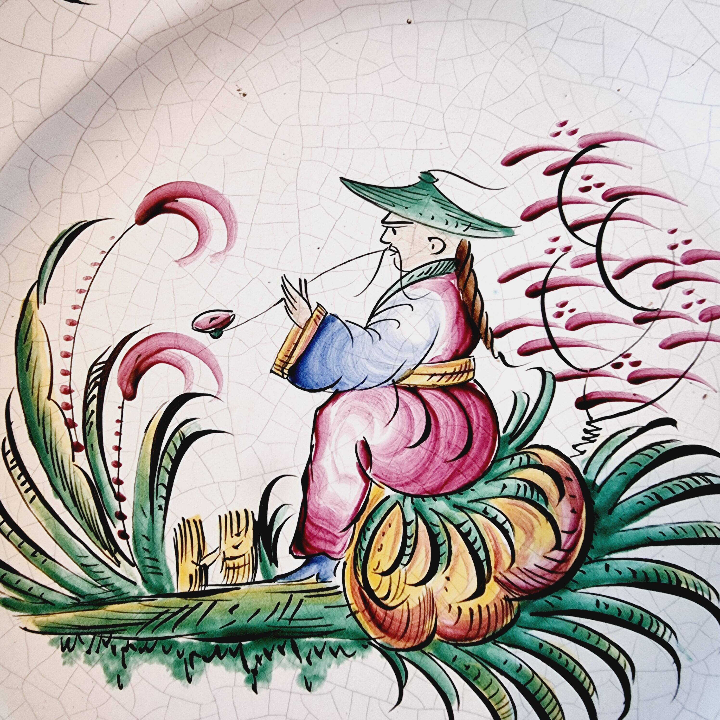 Antique ceramic or earthenware plate from the 19th century, Chinese style decoration