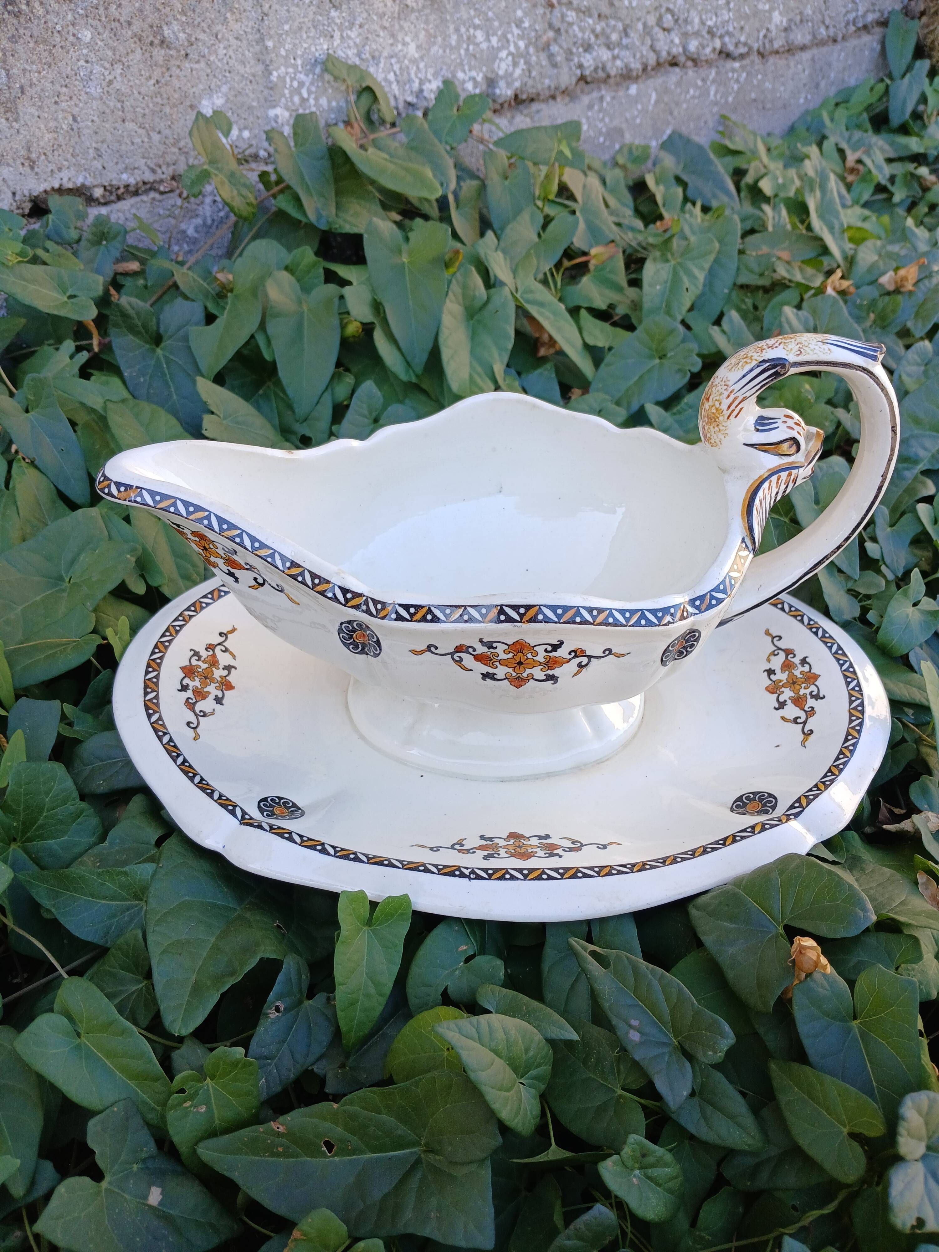 Large antique sauceboat from Gien
