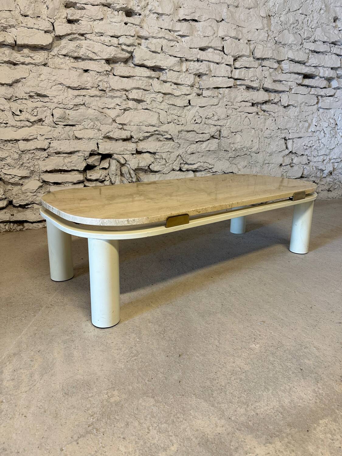 Vintage travertine and golden brass coffee table
