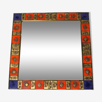 Vintage square mirror in gilded brass and enameled ceramic, 1970;