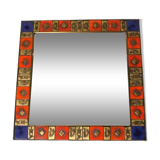 Vintage square mirror in gilded brass and enameled ceramic, 1970;