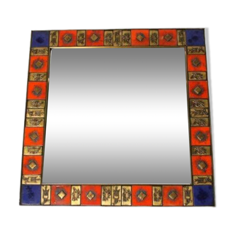 Vintage square mirror in gilded brass and enameled ceramic, 1970;