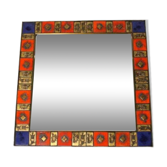 Miroir vintage carré en laiton doré et céramique émaillée, 1970;