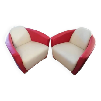 Pair of Callia Italia "hotel" armchairs in red and white leather