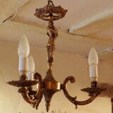 Vintage Italian bronze brass three-branch female figurine chandelier c. 1950s