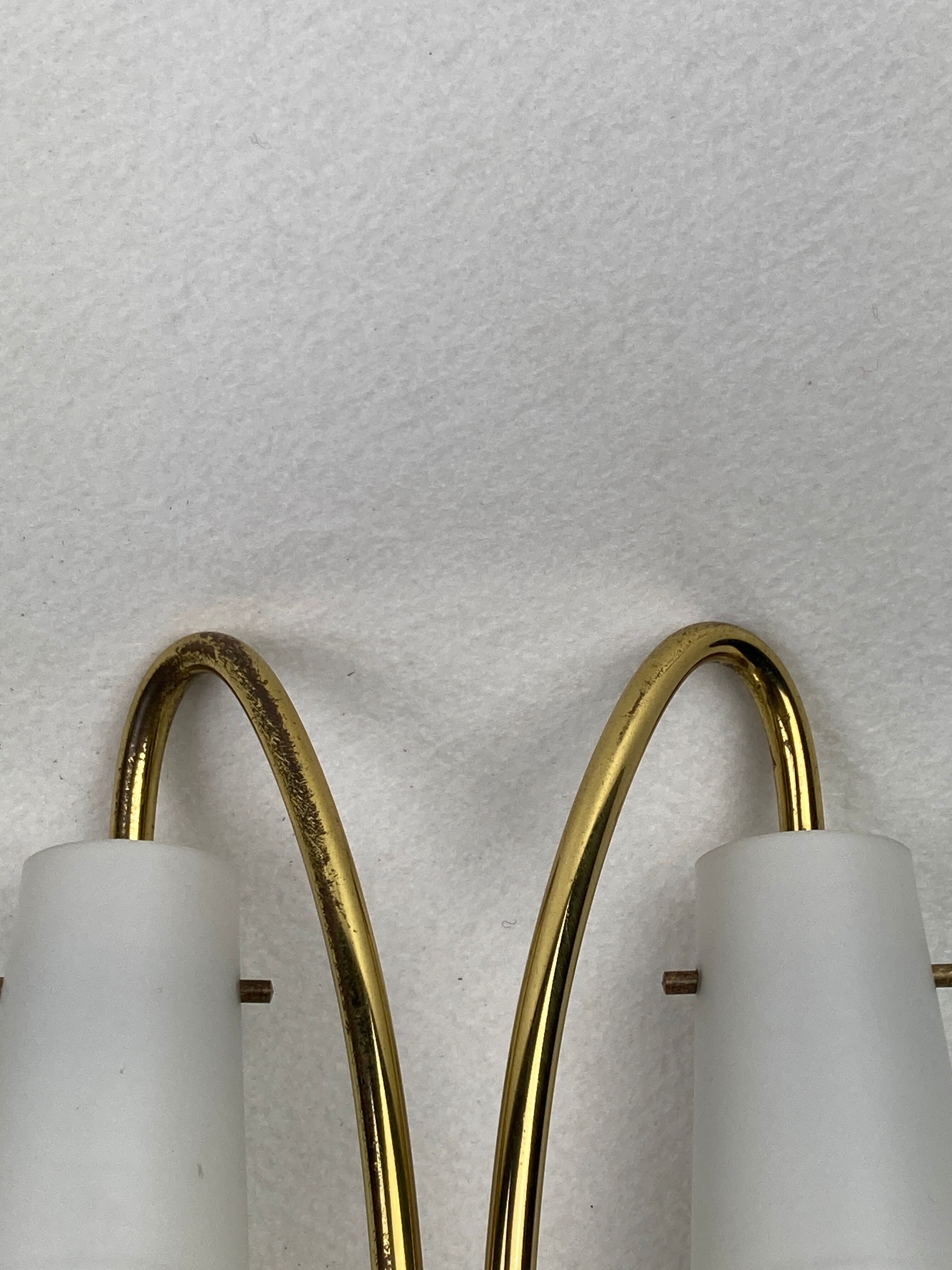 Pair brass and opaline wall sconces or bedside lamps, Austria 1950s