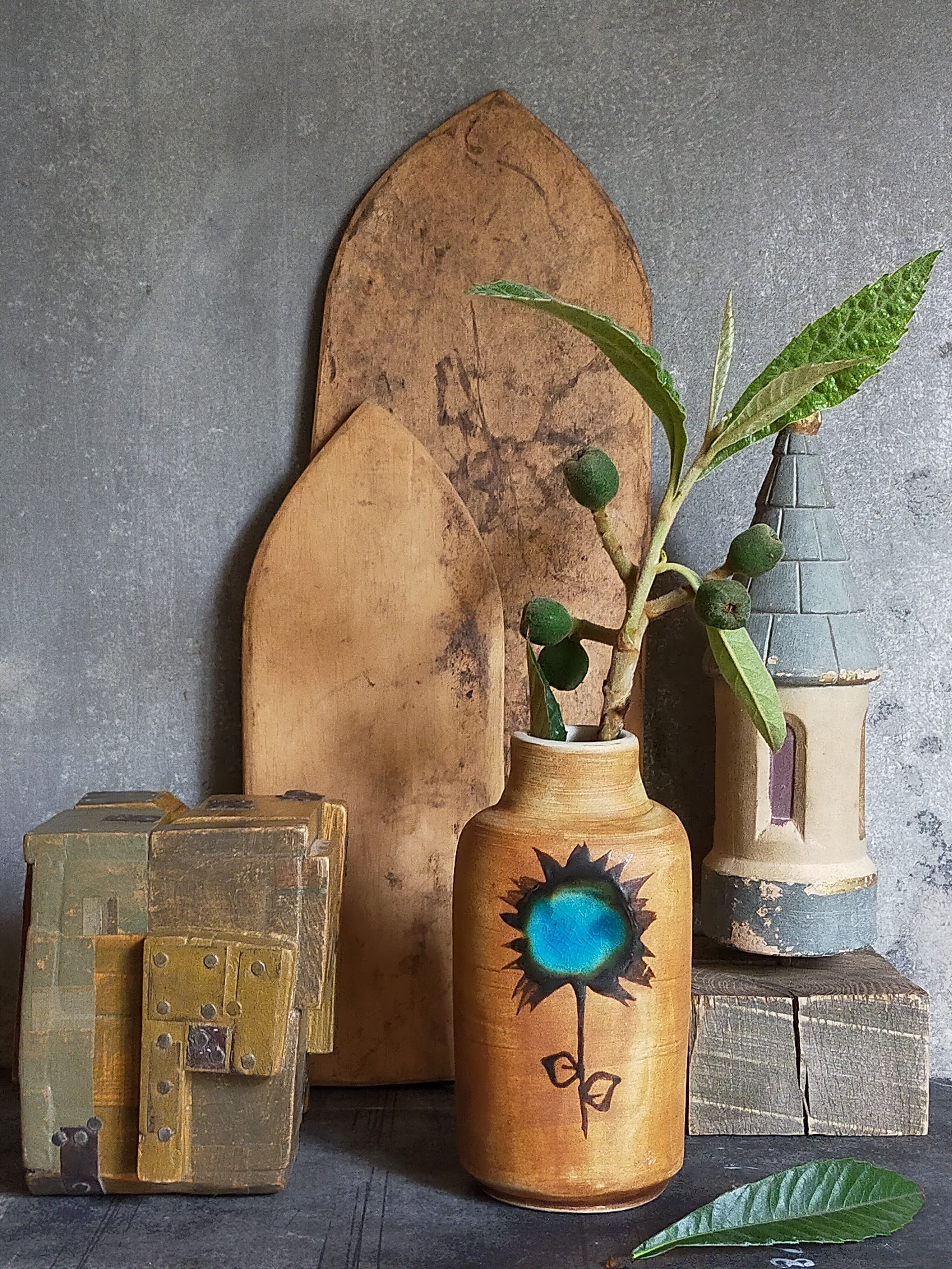 Ceramic vase "Poterie du Colombier" vintage blue sun