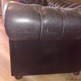 Canapé Chesterfield en cuir noir véritable 3 places