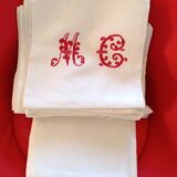 White tablecloth + 12 damask napkins with large handmade red initials.