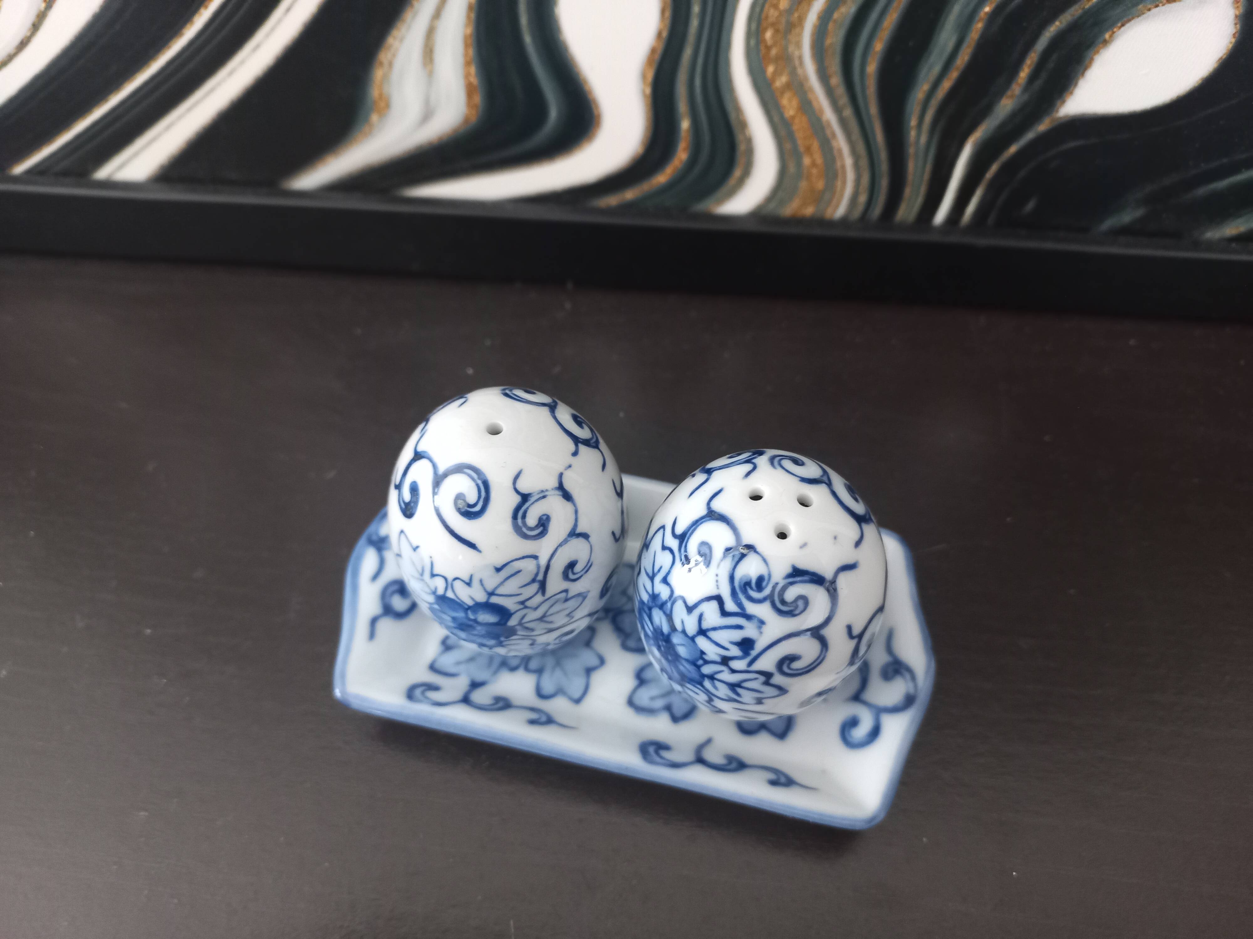 Vintage blue porcelain salt and pepper shakers
