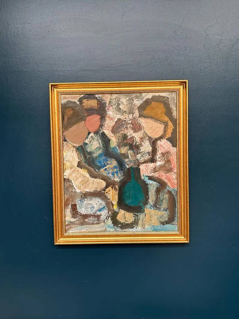 Original Swedish Oil on Canvas – "Family" by Gösta Falck – Signed – Vintage and Framed