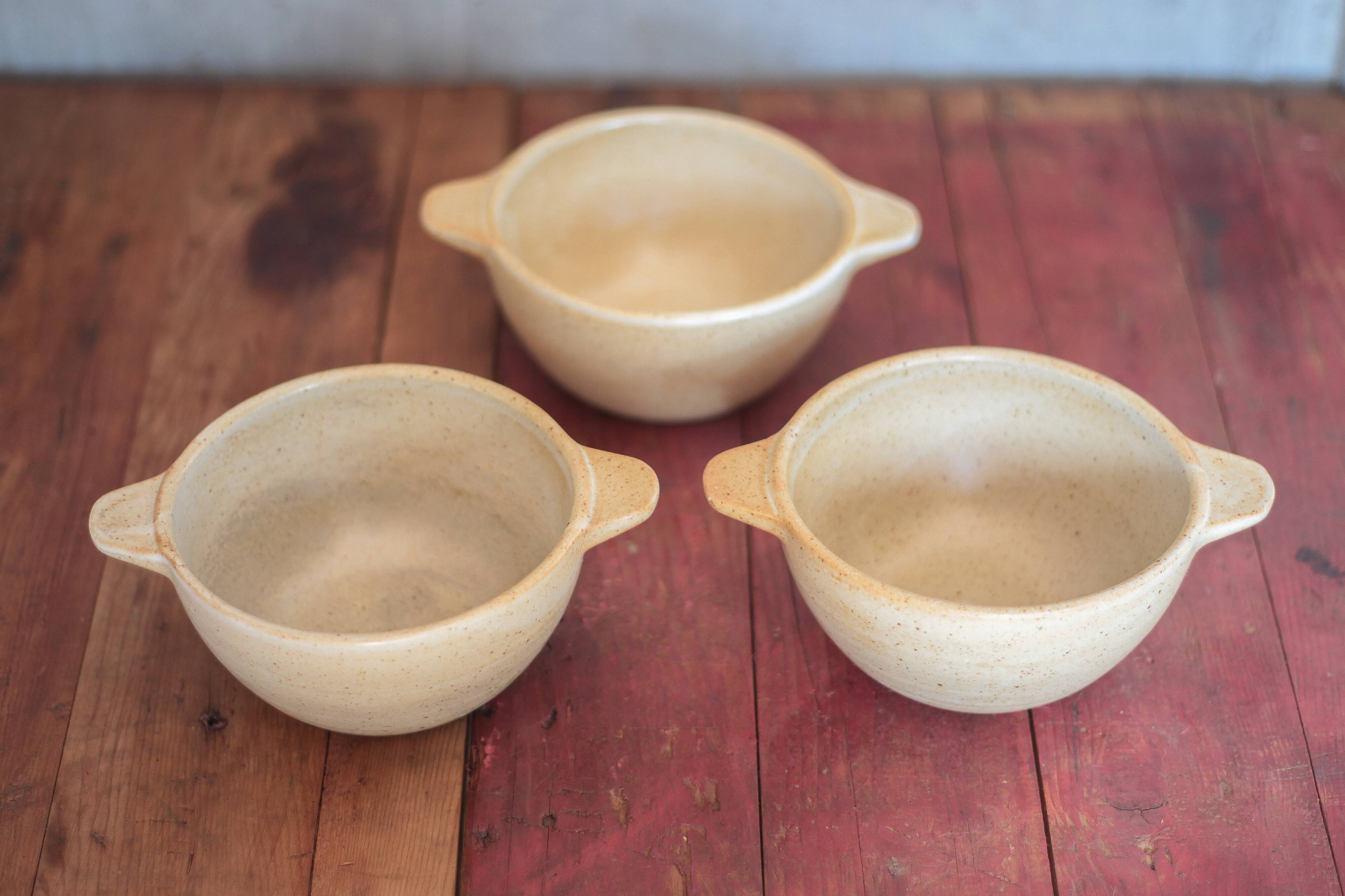 Set of 3 vintage village stoneware bowls, breakfast bowl, vintage ear bowl.
