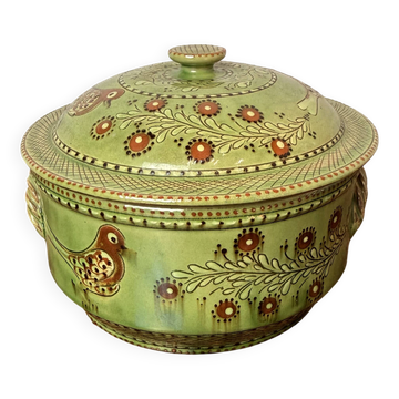 Soupière vintage en poterie de J.C. Hermann à Évires – décor d'oiseaux