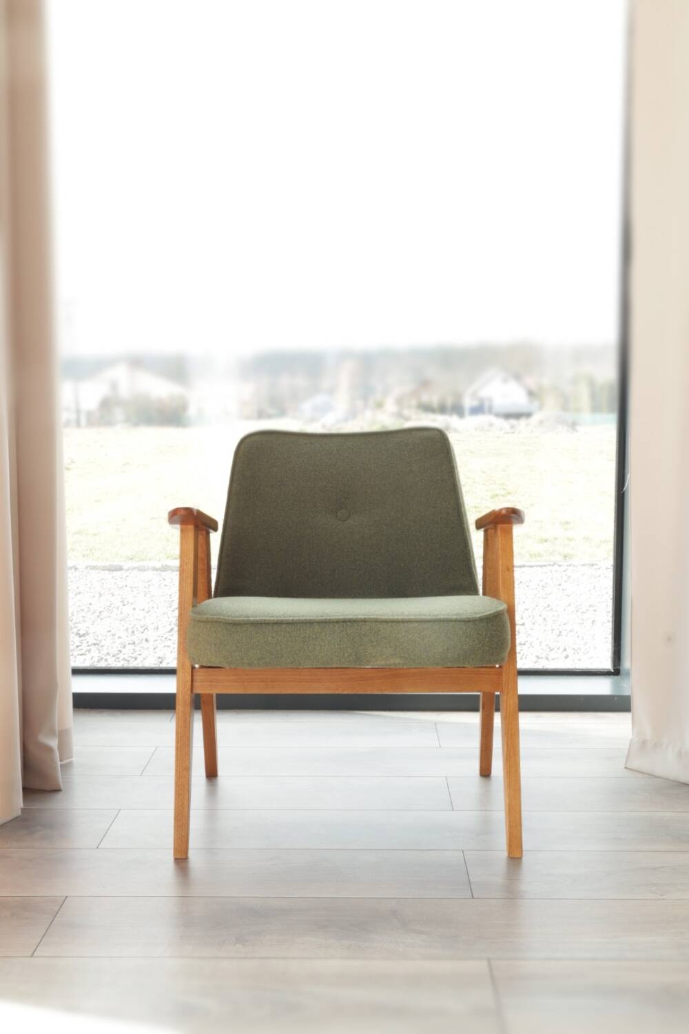 Fauteuil Lounge Vintage Bouclè Cactus, Bois Naturel Design Scandinave