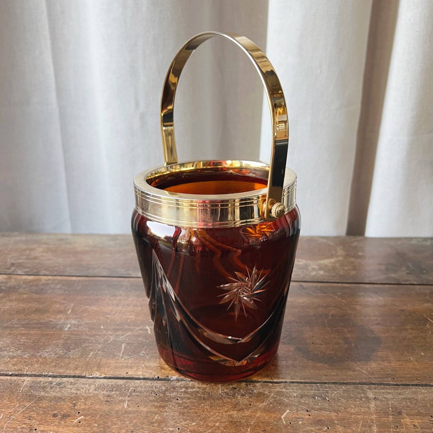 Vintage ice bucket in amber chiseled glass