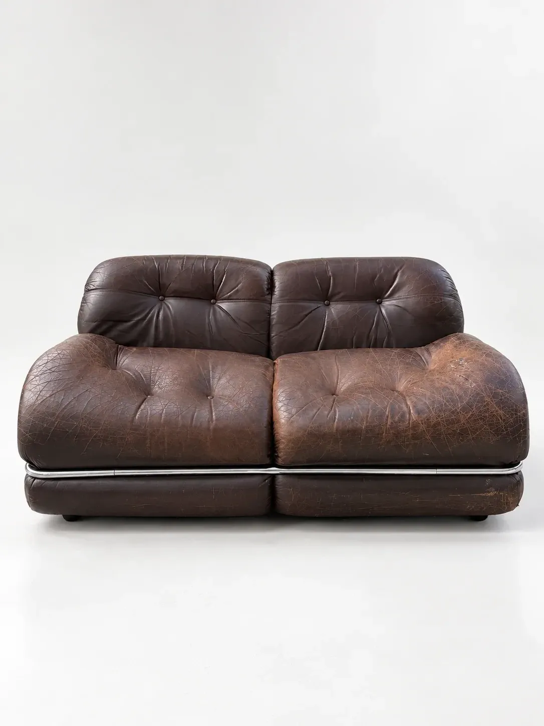 Canapé en cuir marron et chrome, années 1970