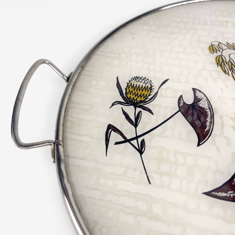 Round service tray in glass and metal vegetal decoration 1950