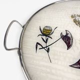 Round service tray in glass and metal vegetal decoration 1950