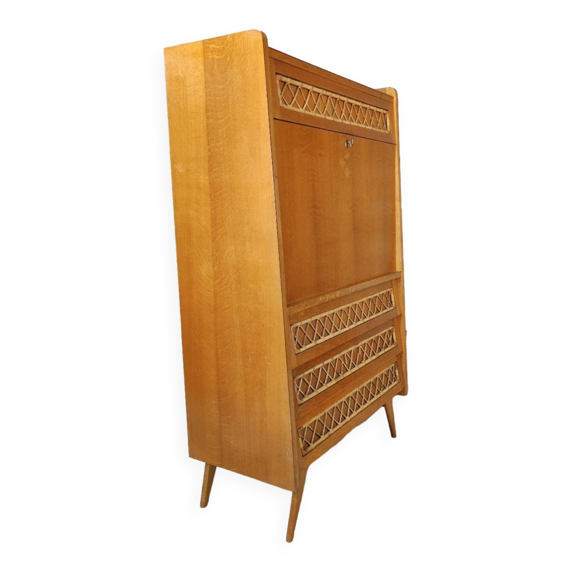 Vintage wood and rattan secretary