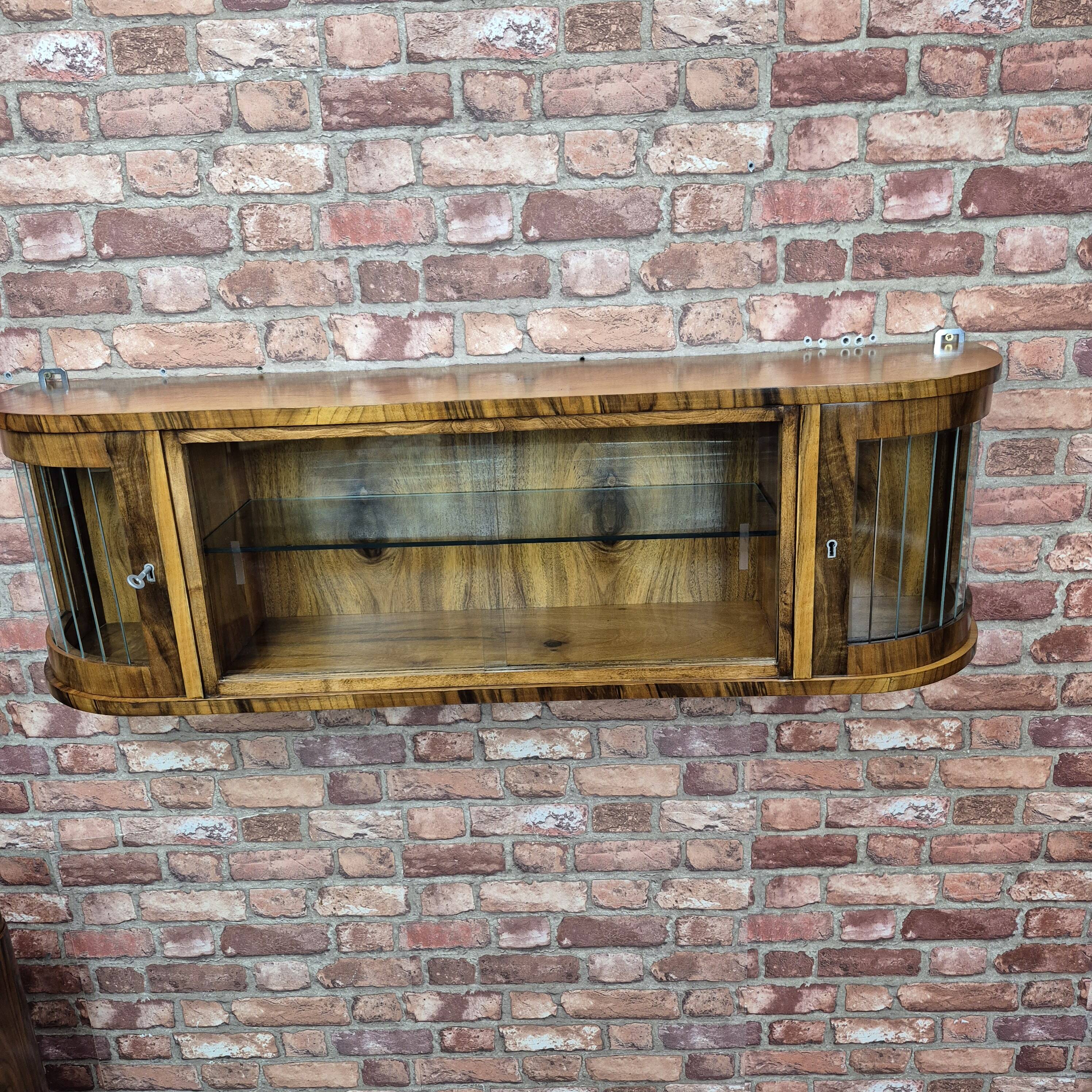 Rare 3-Zone Art Deco Walnut Wall Display Cabinet with Slatted Glass Doors