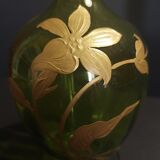 Carafe liquor bottle green and gold decoration early twentieth century
