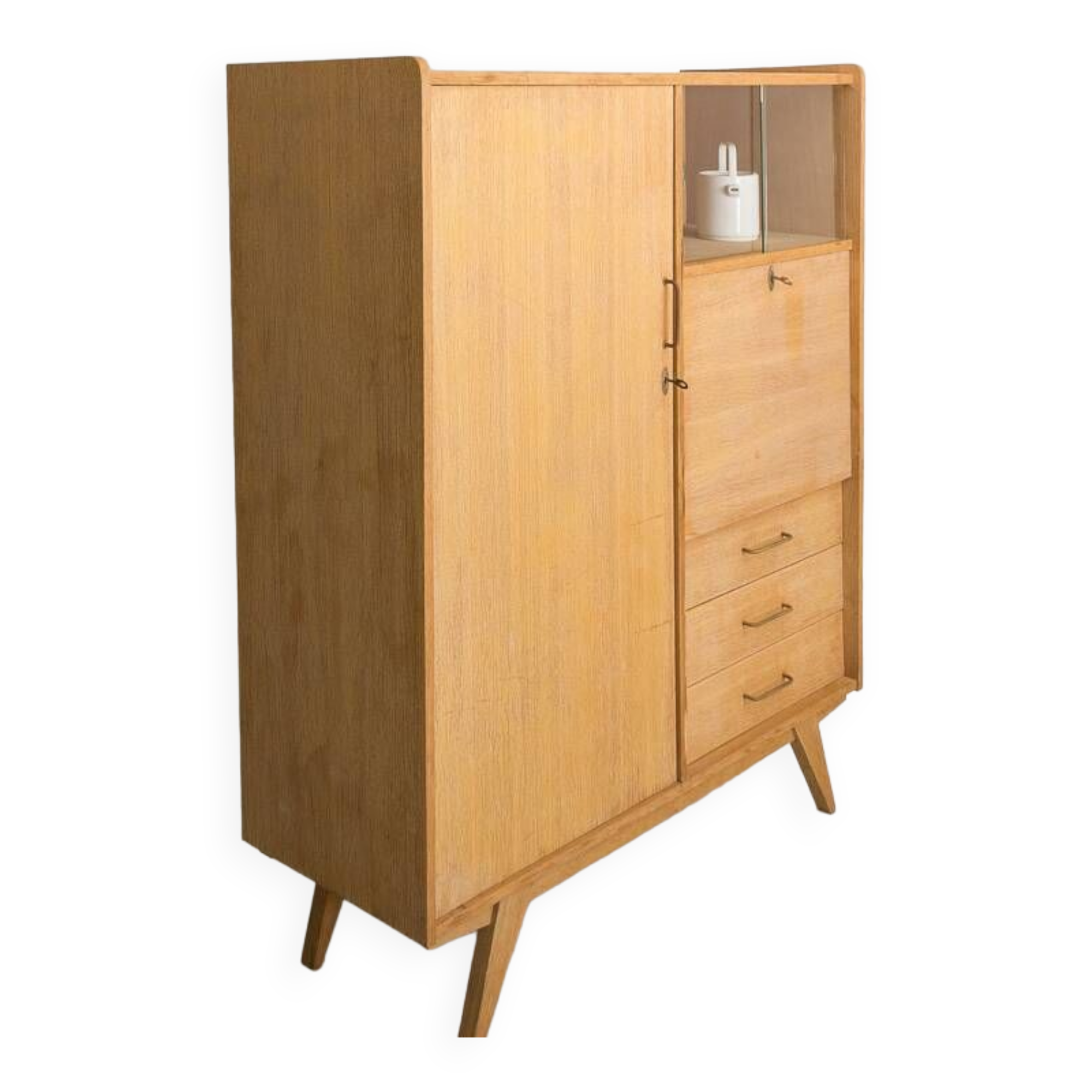 Oak desk cabinet with wardrobe space and fully pickled showcase, circa 60