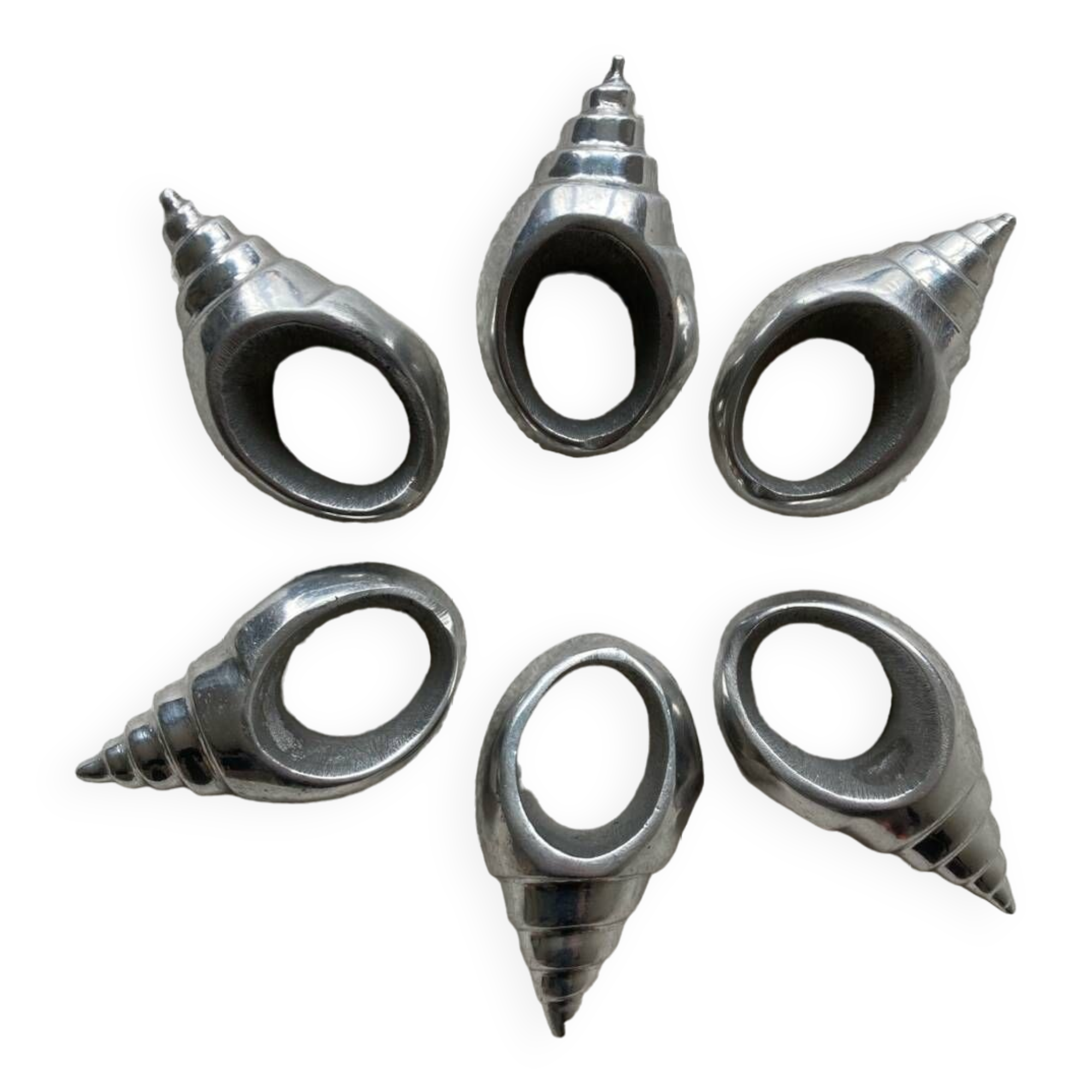 6 silver metal shell napkin rings