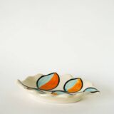 Ceramic catchall, leaf shape, orange and blue, psychedelic, 1970.
