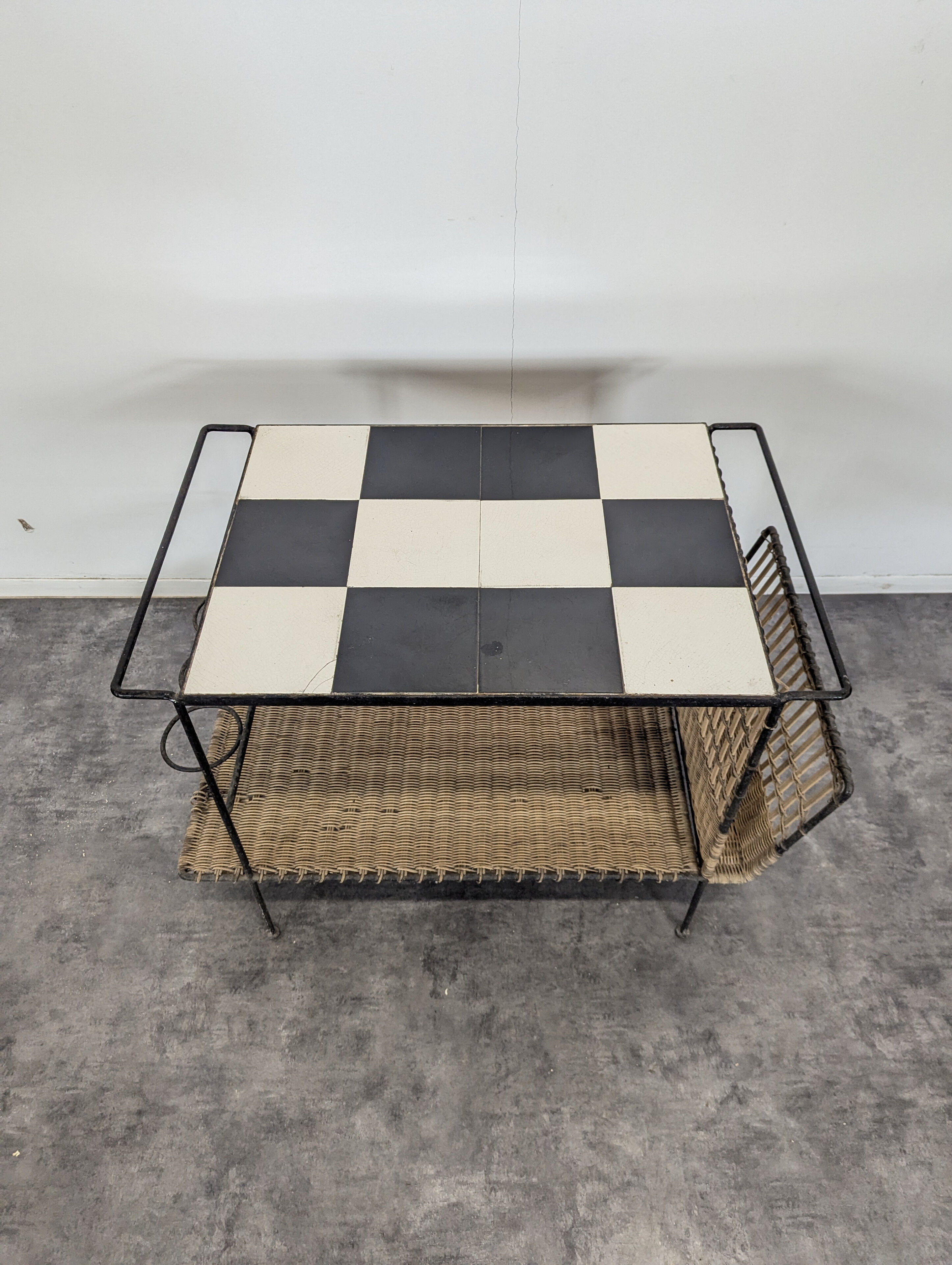 1950s rattan and ceramic coffee table