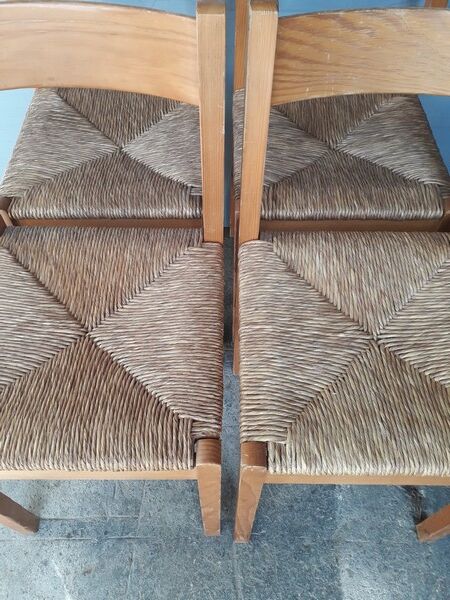 Set de 4 chaises estampillées design bois et paille epoque 1960/70