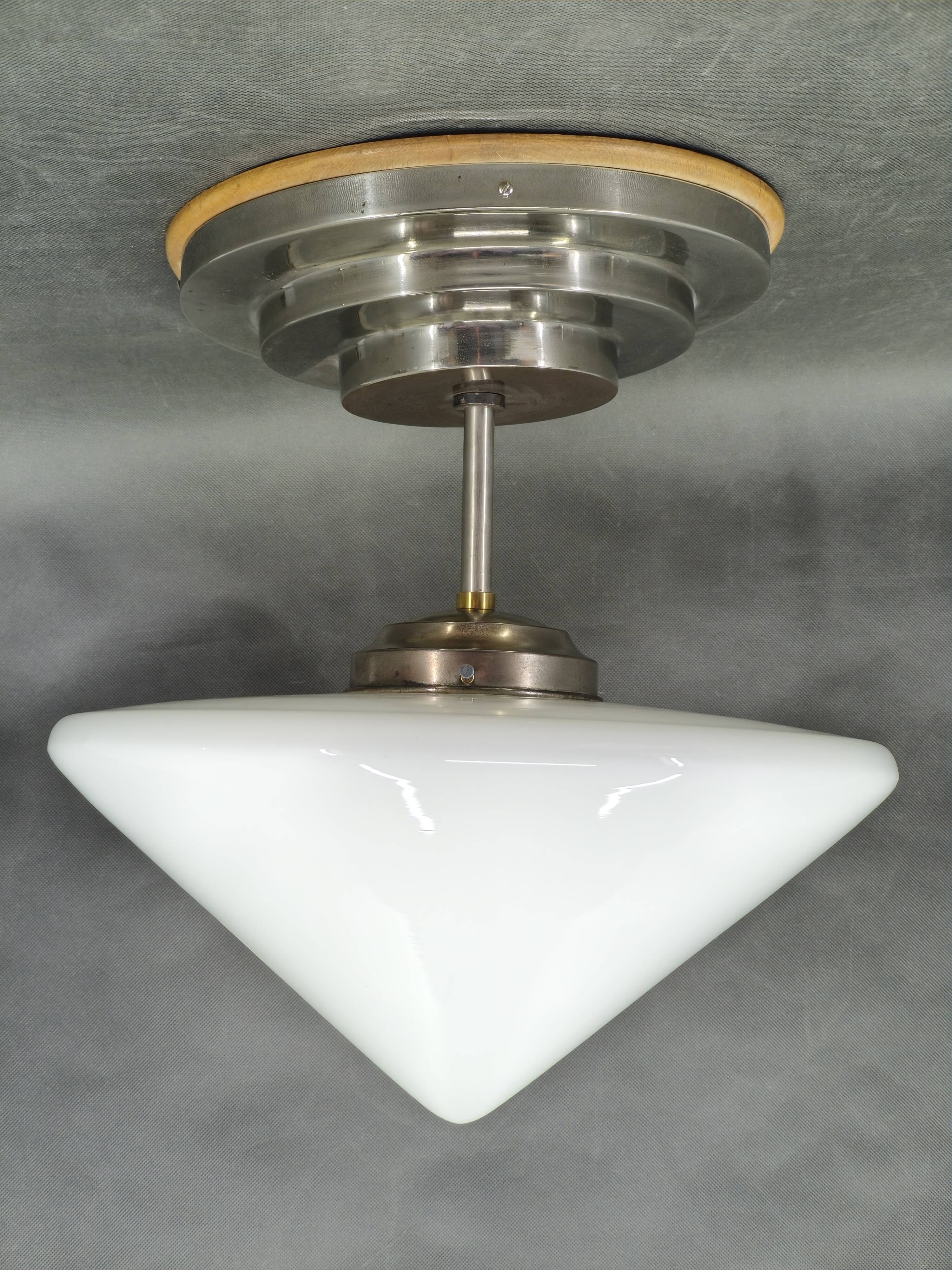 Czech Art Deco Opaline Glass Flush Mount Ceiling Light 1930s